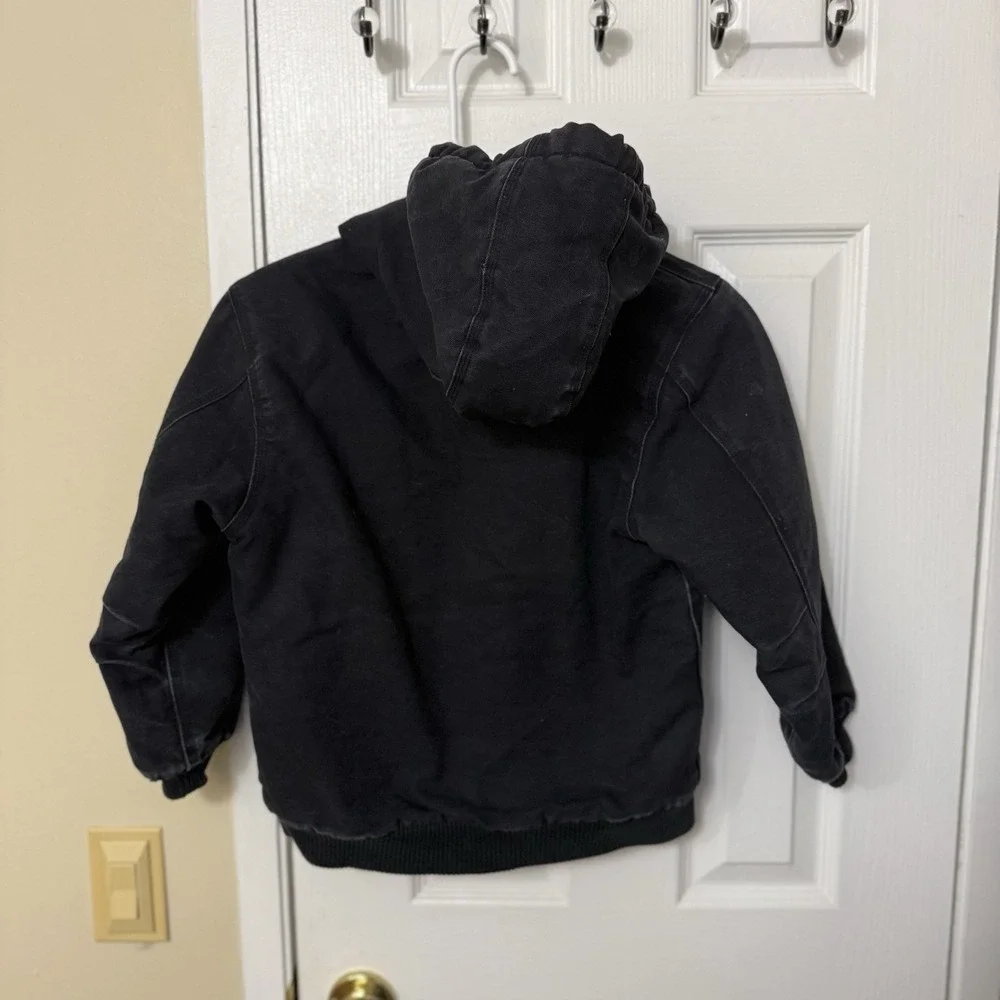 Carhartt Jacket Kids 7-8 Black Canvas Hooded Full Zip Quilted Lined Workwear